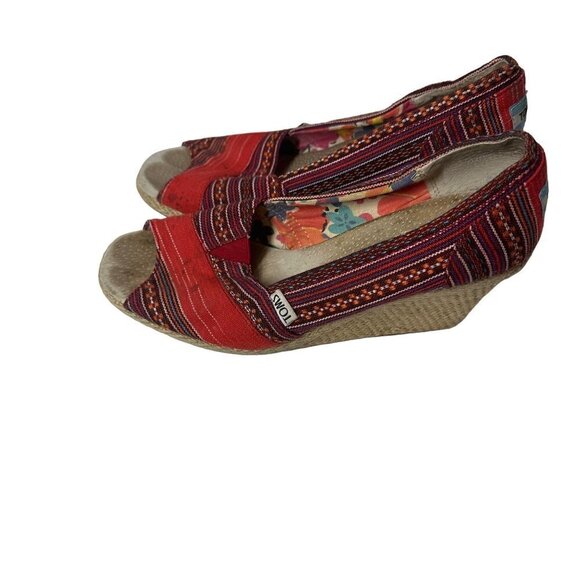 TOMS Espadrille Wedge Pumps Peep Toe Red Boho Pattern Canvas Women size 8.5 - Picture 4 of 9